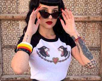 Black Cats Cropped Raglan Baby Tee in White/Black size S, M, L,XL, 2XL vintage inspired by Mischief Made Panther