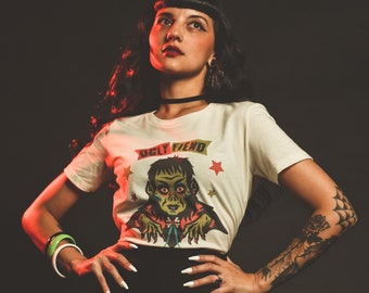 Ugly Fiend Fitted Graphic T-shirt in Ivory, size, S, M, L, XL, 2XL, 3XL Vintage Halloween inspired by Mischief Made, Monster