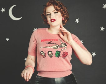 Monster Lover short sleeve Sweater size S,M,L,XL in Pink Vintage Halloween inspired By MISCHIEF MADE