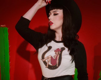 Lady Luck 3/4-Sleeve Unisex Raglan T‑Shirt in White/Black Vintage inspired by Mischief Made, Cowgirl