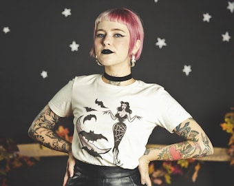 Deadly Dame Fitted Tshirt in Ivory size S,M,L,XL,2XL,3XL  vintage Halloween inspired by Mischief Made