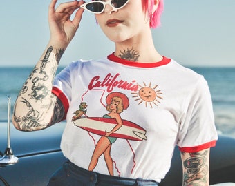 California  Unisex Ringer Graphic T-shirt in White/Rio Red size S, M, L,XL, 2XL, Vintage inspired by Mischief Made