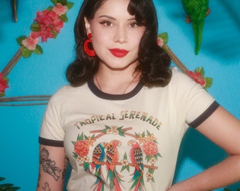 Tropical Serenade Fitted Ringer Tshirt in Natural/Navy size S, M, L,XL,2XL Vintage inspired by Mischief Made