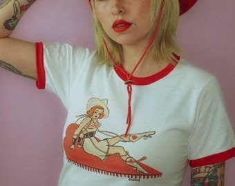 Rope you in! Unisex Ringer Graphic T-shirt in White/Rio Red size S, M, L,XL, 2XL, 3XL /Vintage inspired by Mischief Made