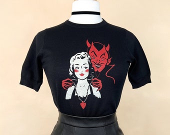 Deal with the Devil short sleeve Sweater size S,M,L,XL in Black  / Vintage inspired By MISCHIEF MADE