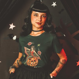 October Child Fitted Graphic T-shirt in Forest Green size S,M,L,XL,2XL, 3XL vintage inspired by Mischief Made, bat lady, pumpkin