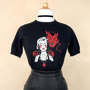 Deal with the Devil short sleeve Sweater size S,M,L,XL in Black  / Vintage inspired By MISCHIEF MADE
