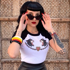 Black Cats Cropped Raglan Baby Graphic T-shirt in White/Black size S, M, L,XL, 2XL vintage inspired by Mischief Made Panther