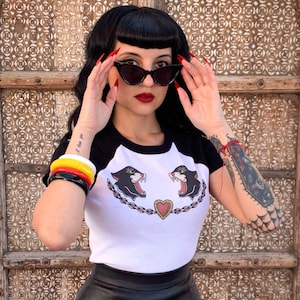 Black Cats Short Raglan Cropped Baby Graphic T-shirt in White/Black size S, M, L,XL, 2XL vintage inspired by Mischief Made Panther