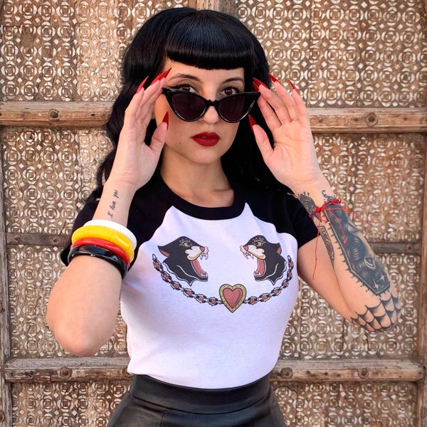 Black Cats Short Raglan Cropped Baby Graphic T-shirt in White/Black size S, M, L,XL, 2XL vintage inspired by Mischief Made Panther