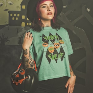 Trick or Treat 2 Cropped Graphic T-shirt in Saltwater, size, S, M, L, XL Vintage Halloween inspired by Mischief Made