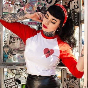 Step into Love Unisex Raglan Graphic T-shirt in White x Red/ Vintage inspired by Mischief Made
