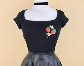 Red Strawberries Square Neck Baby T-shirt in Black size S,M,L,XL vintage Clown inspired by Mischief Made