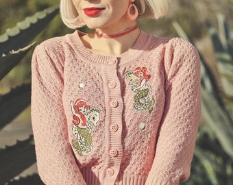 Mermaid Sisters Cropped Cardigan in Peach size S,M,L,XL  Sweater Vintage inspired By MISCHIEF MADE