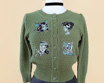 Monster Smash Cropped Cardigan in Sage Green size S,M,L,XL, Sweater  / Vintage inspired By MISCHIEF MADE