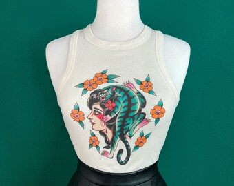 The Blue Tiger Lady Rib Racer Tank in Natural size S, M, L,XL, 2XL/ Vintage inspired By MISCHIEF MADE