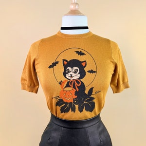 Black Cat Night short sleeve Sweater in Bronze size S,M,L,XL Vintage Halloween inspired By MISCHIEF MADE