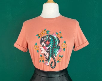 The Blue Tiger Lady Relaxed Graphic T-shirt in Terracotta Pink size S,M,L,XL,2XL / Vintage inspired By MISCHIEF MADE, Tiger