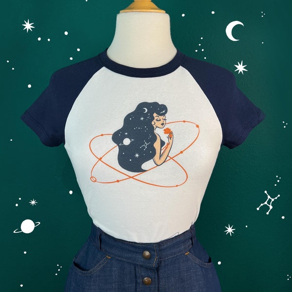 Starry Night Short Raglan Cropped Baby Graphic T-shirt in White/Navy size S, M, L,XL, 2XL vintage inspired by Mischief Made, Virgo