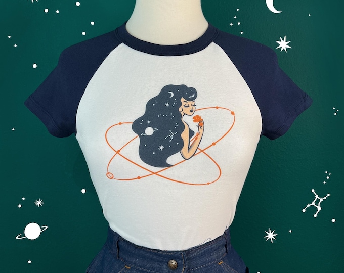 Starry Night Short Raglan Cropped Baby Graphic T-shirt in White/Navy size S, M, L,XL, 2XL vintage inspired by Mischief Made, Virgo