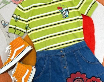 Little Danger Short Sleeve Relaxed Striped Sweater in Lime Green /Vintage inspired By MISCHIEF MADE, Skunk