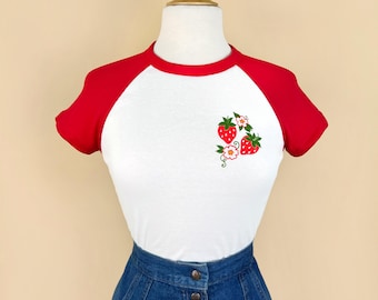 Red Strawberries Short Raglan Cropped Baby Graphic T-shirt in White/Red size S, M, L,XL, 2XL vintage  inspired by Mischief Made,