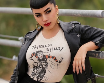 Thrills and Spills! Fitted Graphic T-shirt size S, M, L, XL, 2XL, 3XL Ivory Vintage inspired by Mischief Made