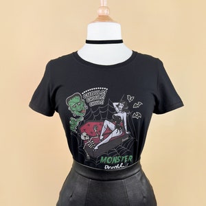 Monster Peepshow Graphic T-shirt in Black size S,M,L,XL,2XL Vintage Halloween inspired by Mischief Made, Frankenstein Monster Pinup