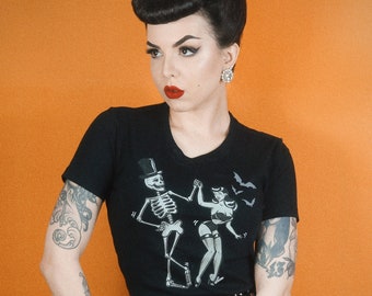 Shake Your Bones Fitted Graphic T-shirt in Black size S,M,L,XL,2XL,3XL vintage inspired style by Mischief Made Skull pinup
