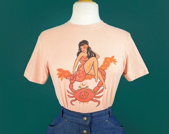 Aloha Moon Crab Unisex Graphic T-shirt in Peach, size, S, M, L, XL, 2XL, 3XL Vintage Zodiac inspired by Mischief Made, Cancer Pinup