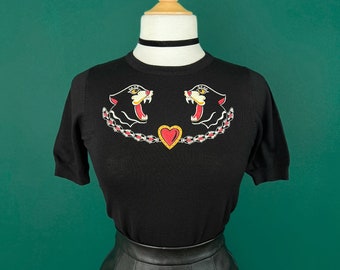 Black Cats Short Sleeve Sweater size S,M,L,XL in Black Vintage inspired By MISCHIEF MADE panther