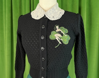 St. Pat Cropped Cardigan in Black size S,M,L,XL  Sweater Vintage inspired By MISCHIEF MADE, St. Patrick's Day, Clover