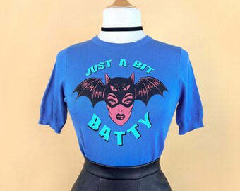 Just a bit Batty short sleeve Sweater in blue size S,M,L,XL in Vintage Halloween inspired By MISCHIEF MADE, Bat Lady