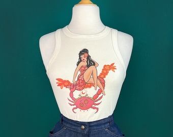 Aloha Moon Crab Rib Racer Tank in Natural size S, M, L,XL, 2XL/ Vintage inspired By MISCHIEF MADE, Cancer Pinup