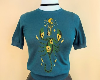 The Scorpion short sleeve Sweater in Peacock size S,M,L,XL in Vintage inspired By MISCHIEF MADE