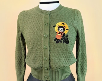 Black Cat Night Cropped Cardigan in Sage size S, M, L, XL Sweater Vintage Halloween inspired By MISCHIEF MADE, Cat