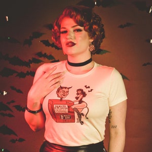 Devil’s Fortune Fitted Graphic T-shirt in Ivory size S,M,L,XL,2XL,3XL  / Vintage inspired By MISCHIEF MADE, Pin up