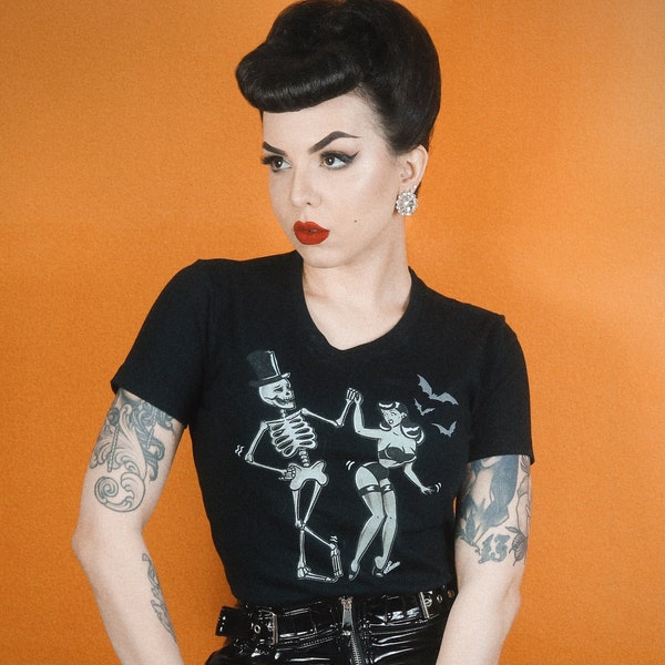 Shake Your Bones Fitted Graphic T-shirt in Black size S,M,L,XL,2XL,3XL vintage inspired style by Mischief Made Skull pinup