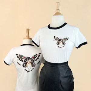 Butterfly Lady Unisex Ringer Graphic T-shirt in White/Black size S, M, L,XL,2XL,3XL vintage inspired by Mischief Made Tattoo