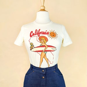 California Fitted Graphic T-shirt in Ivory size S,M,L,XL,2XL, 3XL vintage inspired by Mischief Made pinup