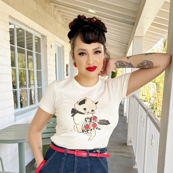 Strawberry Fields Forever Fitted Graphic T-shirt in Ivory size S,M,L,XL,2XL, 3XL vintage inspired by Mischief Made Cat