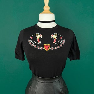 Black Cats Short Sleeve Sweater size S,M,L,XL in Black Vintage inspired By MISCHIEF MADE panther