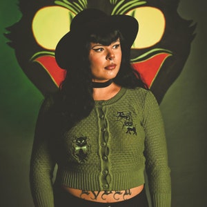 Meow Trap Cropped Cardigan in Sage Green size S,M,L,XL,2XL, 3XL, 4XL Sweater  / Vintage inspired By MISCHIEF MADE Cat