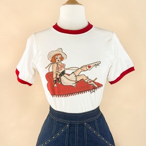 Rope you in Unisex Ringer Graphic T-shirt in White/Rio Red size S, M, L,XL, 2XL, 3XL /Vintage inspired by Mischief Made image 3