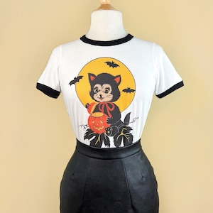 UNISEX Black Cat Night Ringer Graphic T-shirt in White/Black - size XS, S, M, L,XL, vintage Halloween inspired by Mischief Made Pumpkin