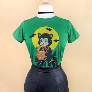 Black Cat Night Unisex Graphic T-shirt in Vintage Green  size S,M,L,XL,2XL Regular body Vintage Halloween inspired by Mischief Made