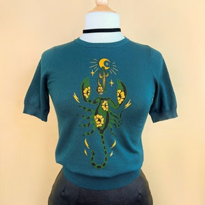 The Scorpion short sleeve Sweater in Peacock size S,M,L,XL in Vintage inspired By MISCHIEF MADE zodiac