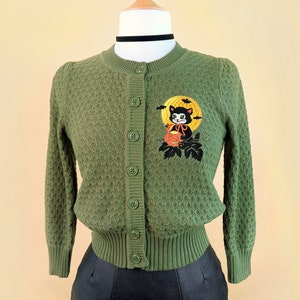 Black Cat Night Cropped Cardigan in Sage size S, M, L, XL Sweater Vintage Halloween inspired By MISCHIEF MADE, Cat