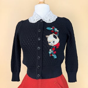 Strawberry Fields Forever Cropped Cardigan in Black size S, M, L, XL Sweater Vintage inspired By MISCHIEF MADE, Cat
