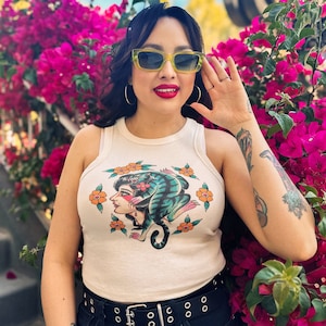 The Blue Tiger Lady Rib Racer Tank in Natural size S, M, L,XL, 2XL/ Vintage inspired By MISCHIEF MADE Graphic T-shirt